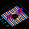 Cylindrical invisibility cloak in action. 3D view of the z-component of the electric field associated with a surface plasmon at a wavelength 600nm propagating along a 50nm-high gold film and through an invisibility cloak that surrounds a metallic cylinder. The surface plasmon continues to propagate without any distortion in the field profile.