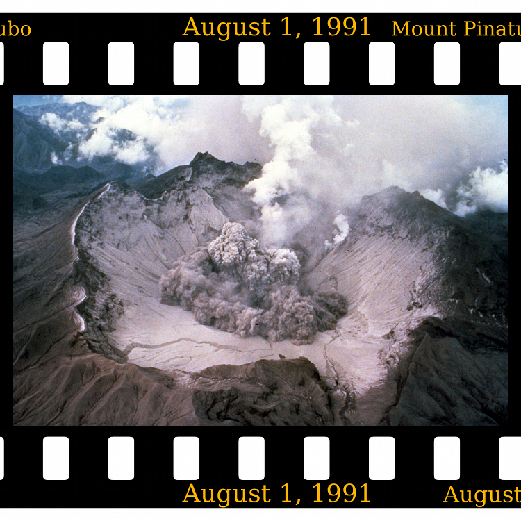 The volcano that changed the climate. The eruption of Mount Pinatubo in 1991 led to a temporary drop in global temperature. This illustrated that tiny particles ejected into the atmosphere have the potential of changing the Earth's climate. This aerial view to the south of the Pinatubo crater shows the start of a small explosion on August 1, 1991.