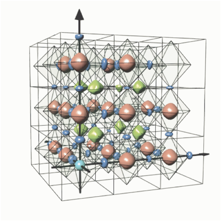The reconstructed image. This 3D image shows the atomic structure of strontium titanate (SrTiO<sub>3</sub>) as reconstructed with the new technique: green, red and blue objects correspond to strontium (Sr), titanium (Ti) and oxygen (O) atoms respectively.
