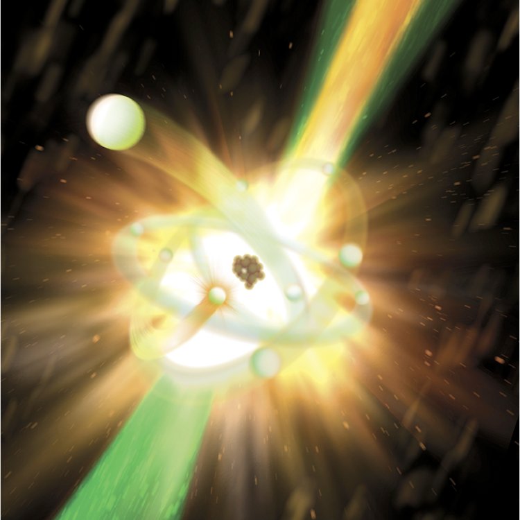 Artistic representation of an X-ray laser. X-rays interact with the electrons of the atom, which leads to the emission of another X-ray photon.