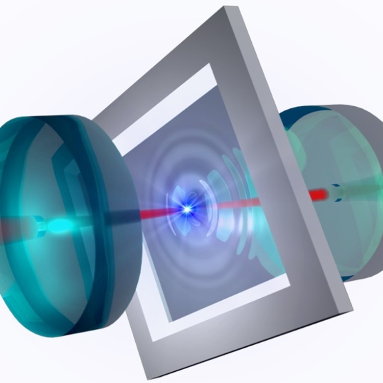 Membrane in a cavity. The picture shows how a laser beam excites a membrane between the two mirrors of an optical cavity. If two membranes were placed in such a cavity, the laser could  be used to entangle them.