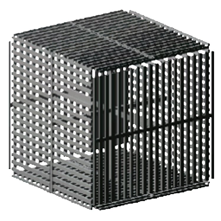 The core of high refraction. The picture displays  the core of the metamaterial with high index of refraction proposed by the researchers at Stanford University. Both high electric permittivity and magnetic permeability are needed in order to achieve a high refractive index in a metamaterial. Metallic inclusions allowing electric charge migration give a high permittivity, but usually a small permeability because of electric currents. The shape of the metallic inclusion needs to, therefore, be optimized in order to allow electric charges to move in non-loopy paths alone.