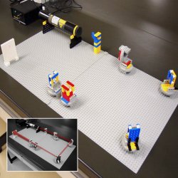 A LEGO optical setup. Beam-expander system — He-Ne laser, beam stopper, polarizer, 2 mirrors, concave lens, convex lens, screen — built using standard LEGO components. The mount system is more compact than older ones and all optical parts are on rotating stages in order to make the adjustment of the optical axis easier. This is a well-known Galileo type beam expander (4X magnification). Inset: path of the beam.