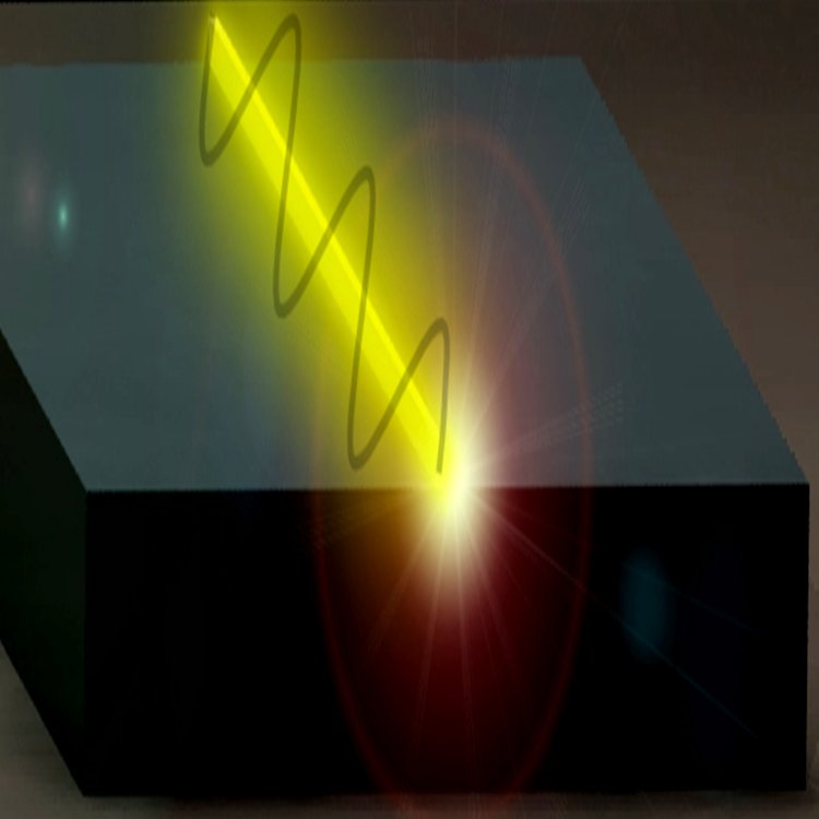 A terahertz tunable laser. In this artistic representation, the laser is the yellow wire, which is mounted on the grey support block. The electromagnetic field inside the laser reaches beyond the transversal dimensions of the wire, which makes it possible to influence the lasing frequency by moving objects close to the wire.