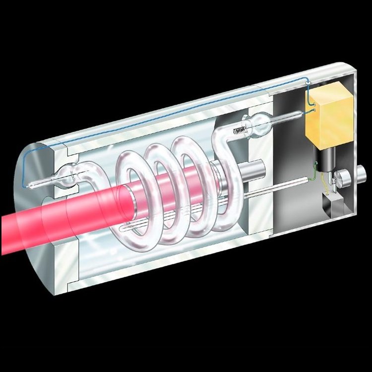 The first ruby laser. Sketch of the first ruby laser. The ruby crystal is surrounded by a serpentine flashlamp, which produces the population inversion necessary for the amplification of laser light.